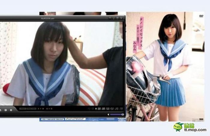 Сравнительные снимки девушек из японского порно в кино и в реальности