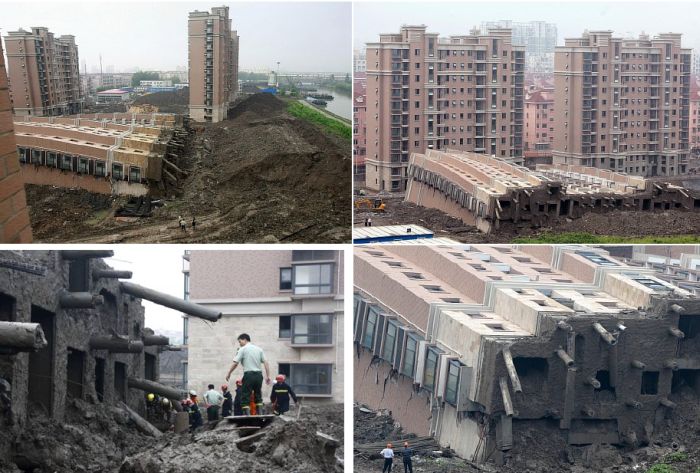 В Шанхае странным образом обрушился 13-этажный дом (6 фото)