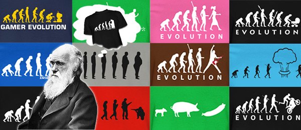 Варианты дизайнов эволюции на футболках (27 дизайнов)