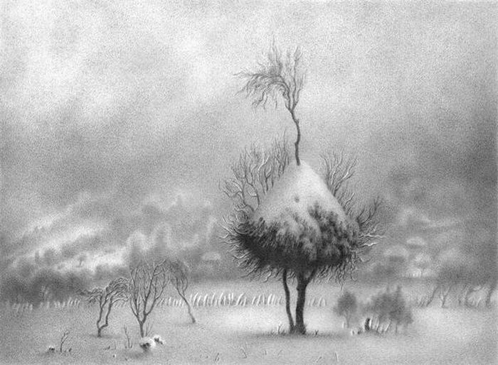 Зимние пейзажи, нарисованные ручкой (22 фото)