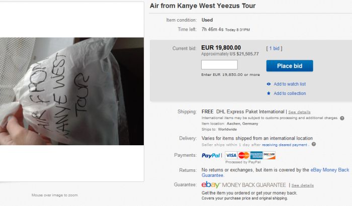 На eBay стоимость воздуха с концерта Канье Уэста превысила 60 000 долларов (5 фото)