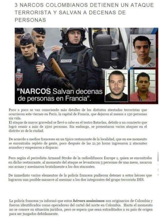 Трое колумбийцев-наркоторговцев стали героями Франции, застрелив нападавших террористов (скриншот)