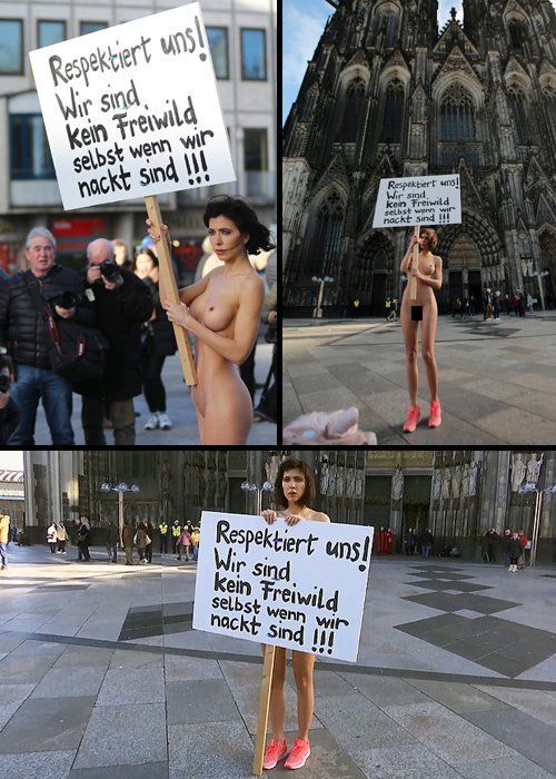 Швейцарская художница Мило Муаре устроила голую акцию протеста в центре Кельна (4 фото)