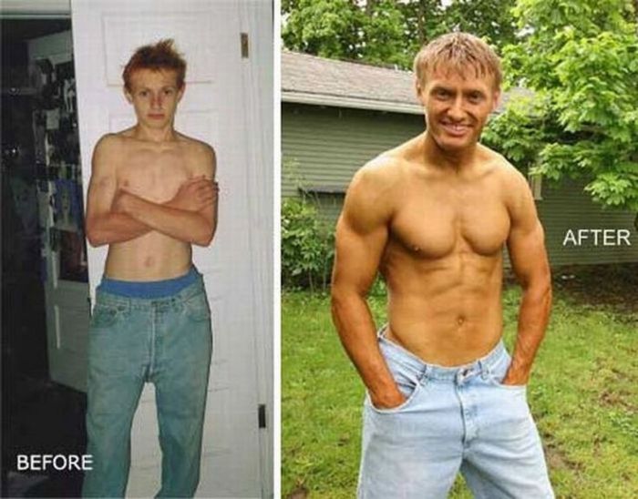 Бывшие «дрыщи» на фото до и после занятий в тренажерном зале (32 фото)