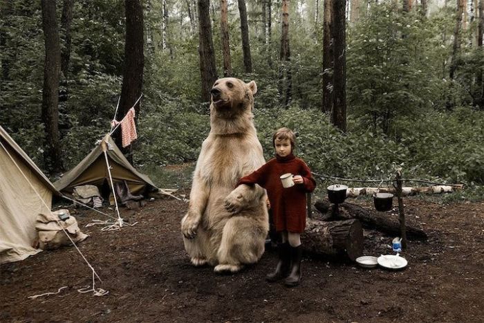 Фотосессия семьи дрессировщика Юрия Пантелеенко с ручным медведем Степаном (8 фото)