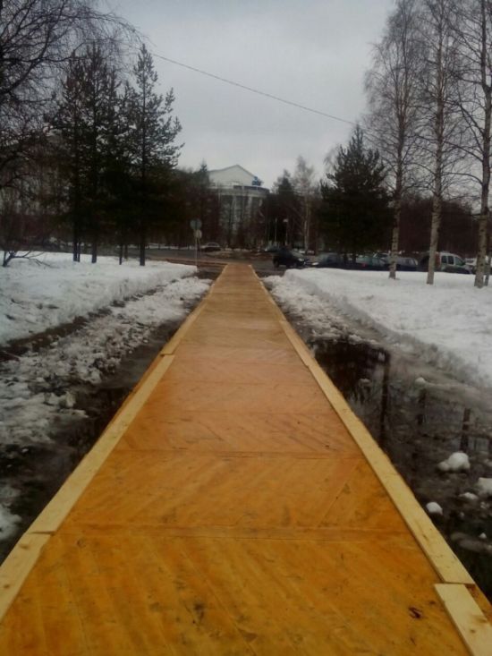 В Архангельске, к форуму с участием Путина, тротуар вместо асфальта покрыли паркетом (5 фото)