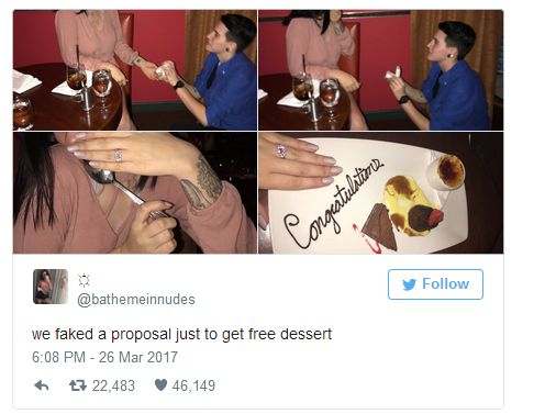 Друзья разыграли фальшивое свадебное предложение, чтобы получить бесплатный десерт в ресторане (5 фото)