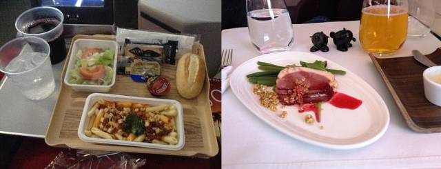 Обеды пассажиров эконом-класса и бизнес-класса в разных авиакомпаниях (14 фото)