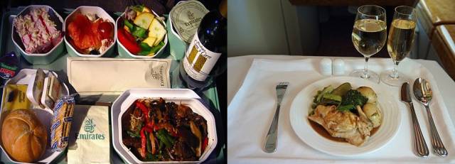Обеды пассажиров эконом-класса и бизнес-класса в разных авиакомпаниях (14 фото)