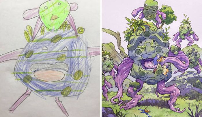 Художник рисует героев аниме на основе рисунков своих сыновей (13 рисунков)