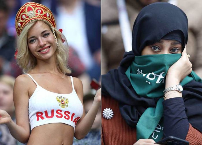 Отличия между российскими и саудовскими болельщицами на матче ЧМ-2018 (18 фото)