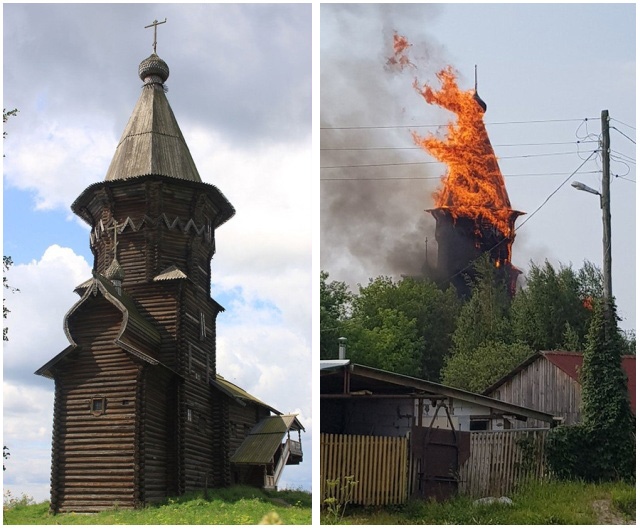В Карелии сгорела Успенская церковь, построенная в 1774 году (6 фото + видео)