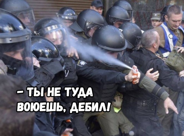 Украинского полицейского, прыснувшего себе в лицо газовым баллончиком, сравнили со старым мемом (12 фото)