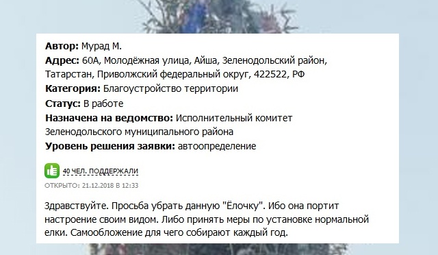 Жители поселка в Татарстане потребовали убрать наряженную к праздникам ёлку (2 фото)