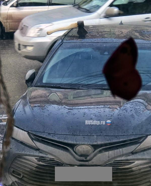 Неизвестный мужчина воткнул топор в крышу припаркованного автомобиля (3 фото + видео)
