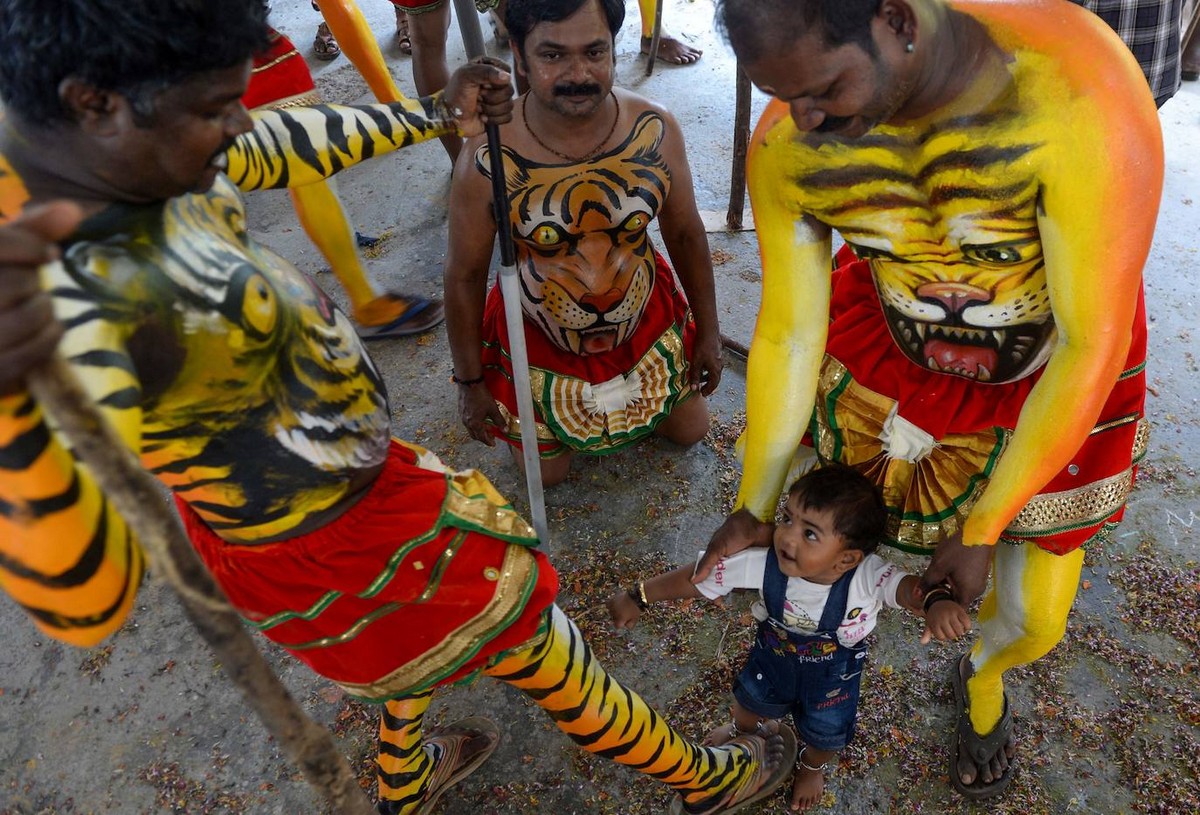Тигриный парад Пули Кали на фестивале Онам в Индии