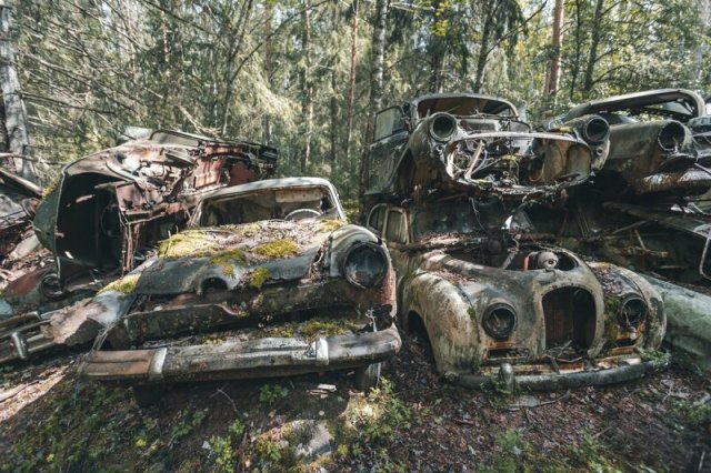 Кладбище ретро-автомобилей в лесу Швеции