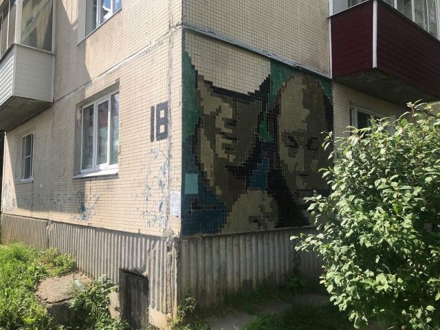 В поселке Елизаветино Андрей Гвоздь изобразил знаменитостей на пятиэтажках