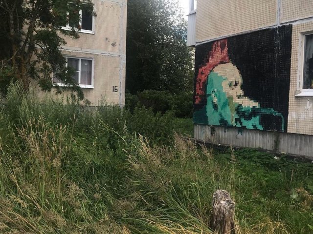 В поселке Елизаветино Андрей Гвоздь изобразил знаменитостей на пятиэтажках