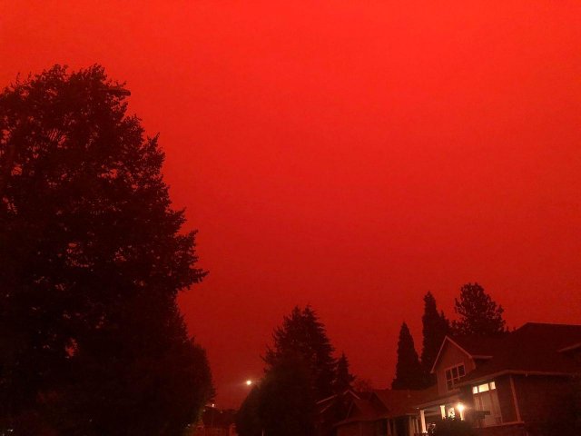 дым от лесных пожаров в штате Орегон - не видно солнца