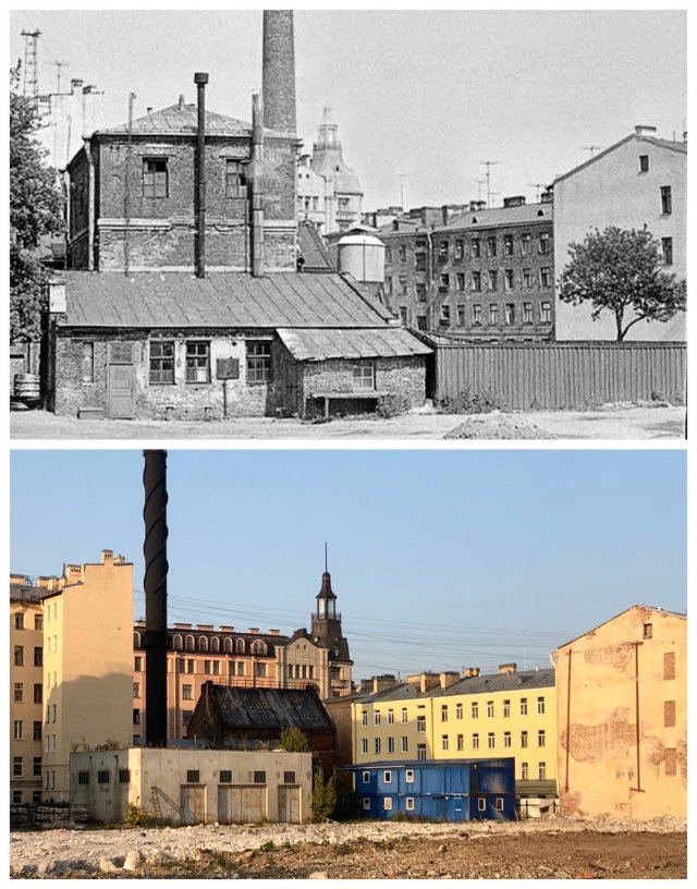 Бани N53 Ждановского района (Карповские бани) / Площадка на месте снесённой недостроенной гостиницы «Северная Корона» на набережной Карповки.1968 и 2020 год.