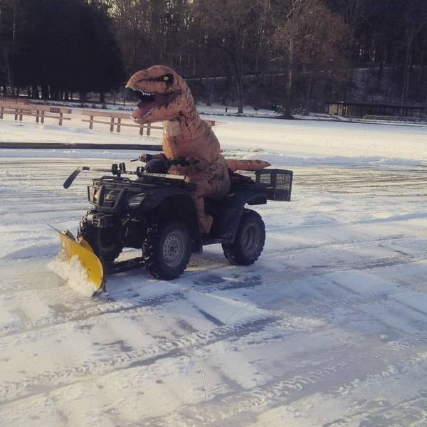 Динозавр убирает снег
