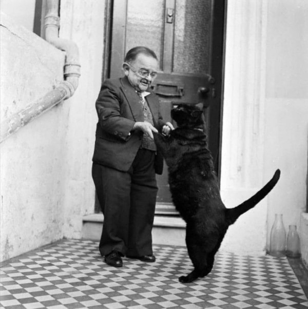 Генри Беренс, самый маленький человек в мире, танцует со своим котом. Уортинг, Англия, 1956 год