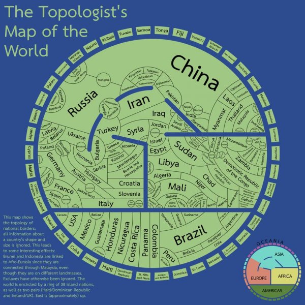 Топологическая карта мира, которая показывает исключительно границы государств