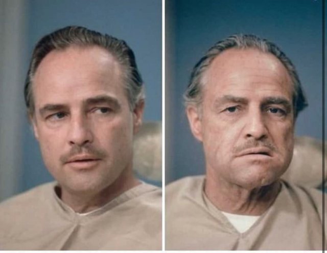 Марлон Брандо до и после грима на съемках фильма &quot;Крестный отец&quot;. Гример Дик Смит, 1972 г.