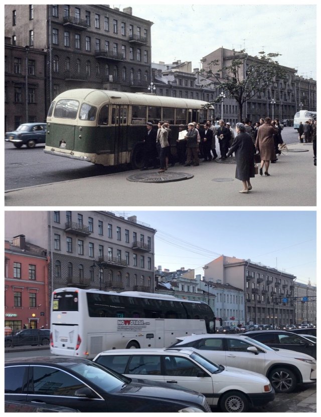 Лиговский проспект у гостиницы «Октябрьская».1965 и 2021 год.