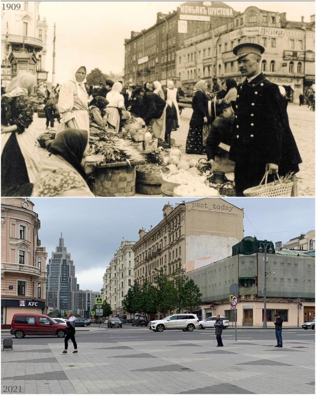 Москва. Триумфальная площадь. Рынок на старой Триумфальной площади, 1909 и 2021