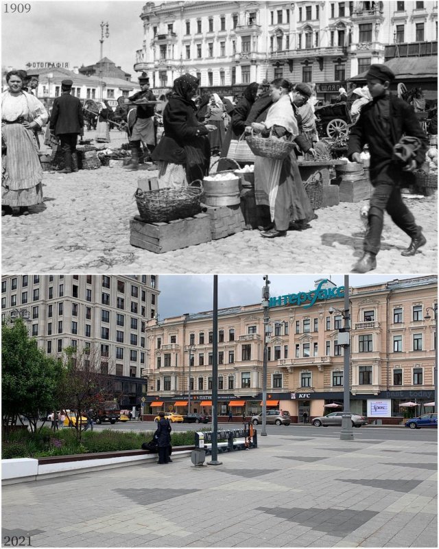 Москва. Триумфальная площадь. Рынок на старой Триумфальной площади, 1909 и 2021