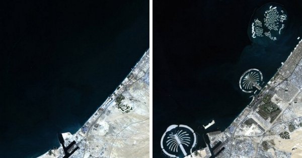 До и после создания «Пальмовых островов» и архипелага «Мир», Дубай — 2001 и 2012 годы