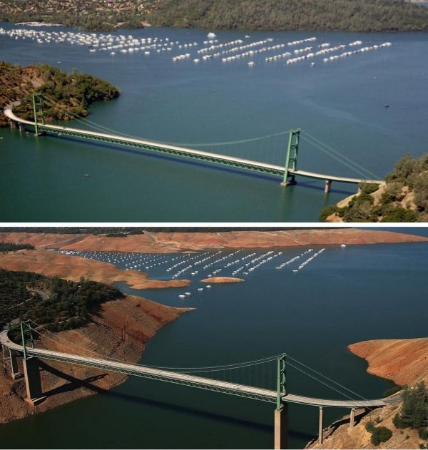 Периодически осушаемое озеро Оровилль в США на примере 2011 и 2014 годов