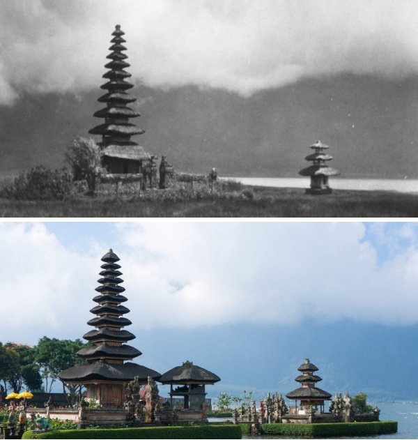 Индуистский храм Улун Дану на берегу озера Братан, Индонезия — 1933 годы и сейчас