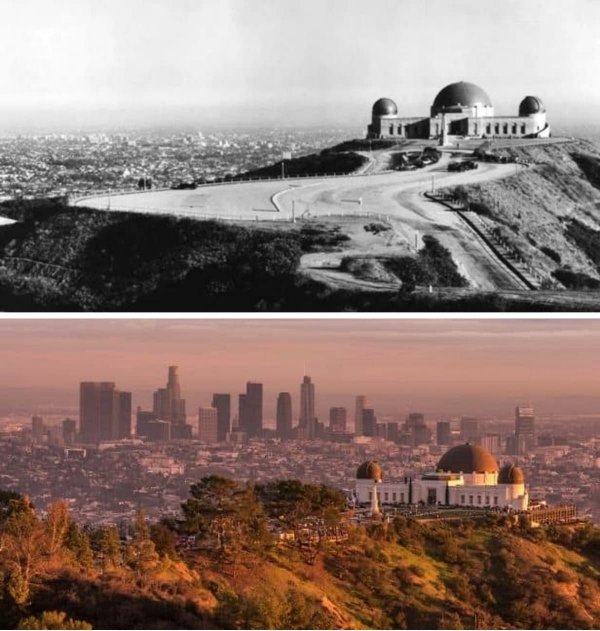 Обсерватория Гриффит на фоне Лос-Анджелеса — 1930-е и 2019 годы