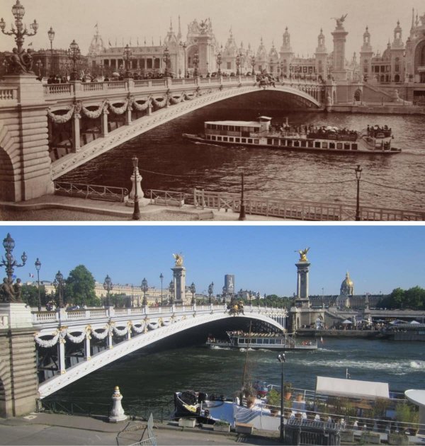Мост Александра III с Эспланадой инвалидов времён Всемирной выставки в Париже 1900 года и современное фото