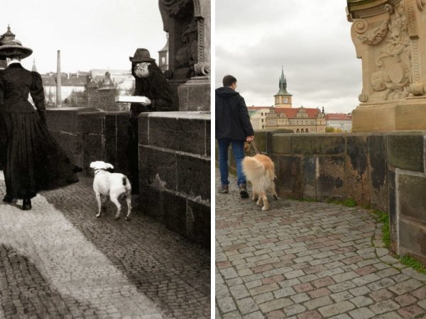 Карлов мост в Праге, начало 1900-х годов и в наши дни
