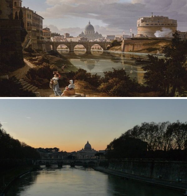 Вид на Рим с берега Тибра на картине 1834 года и на современной фотографии