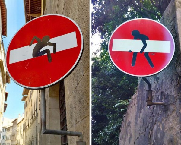 Уличный художник Клет Абрахам превращает скучные дорожные знаки на итальянских улицах в миниатюрные произведения искусства