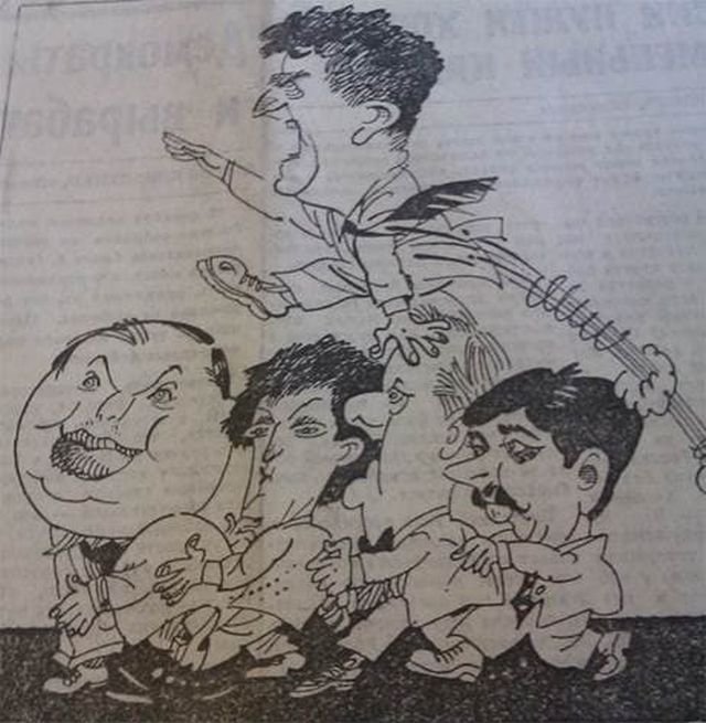 Поствыборная карикатура: Жириновский перепрыгивает плотную группу из Гайдара, Явлинского, Собчака и Шахрая. 1993 год.