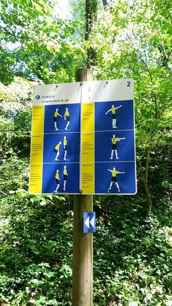 В Швейцарии в парках везде висят таблички с упражнениями, которые можно сделать на прогулке