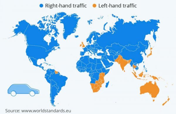Синим отмечены страны с правосторонним движением, а оранжевым — с левосторонним