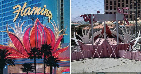 Знаменитый знак отеля «Фламинго» в Лас-Вегасе — вид сзади