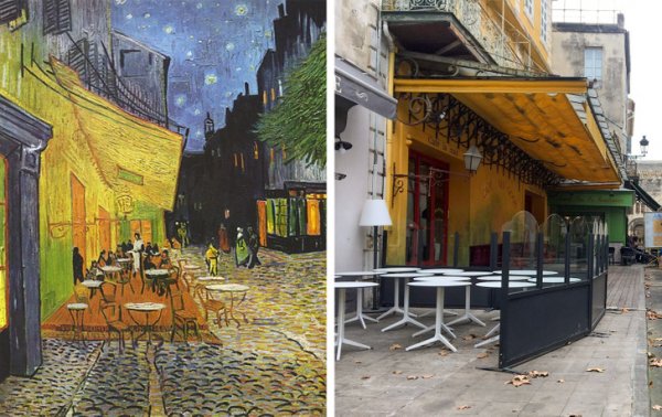 Терраса кафе на площади Форум в Арле на картине и в наши дни