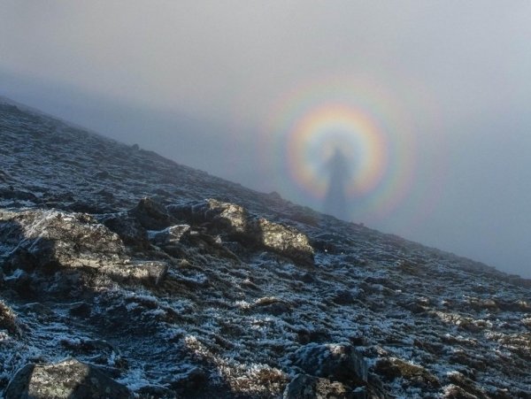 «Брокенский призрак» — тень наблюдателя явления, окружённая цветными кольцами
