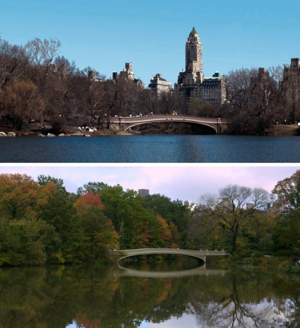 Боу Бридж, Центральный парк Нью-Йорка, США. 1980 и 2019 годы