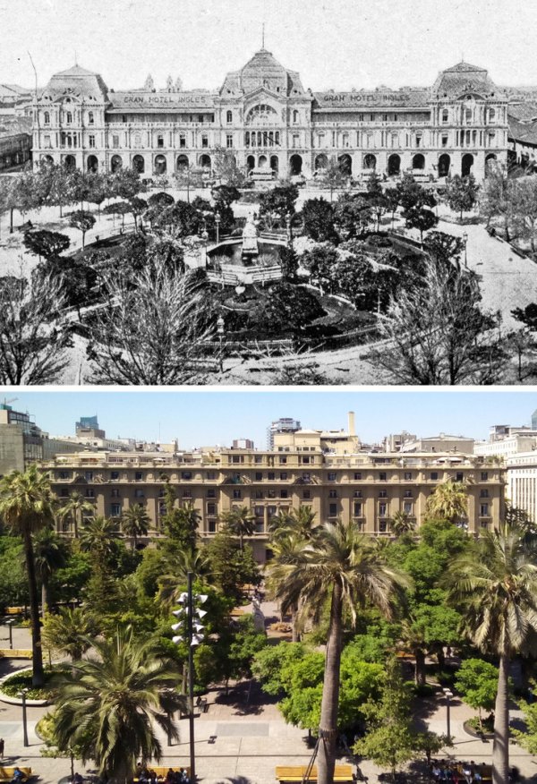 Пласа-де-Армас, Сантьяго, Чили. 1893 и 2017 годы