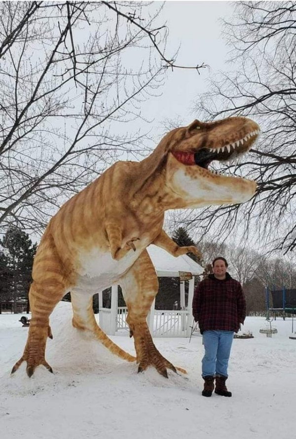 Огромная снежная скульптура тираннозавра