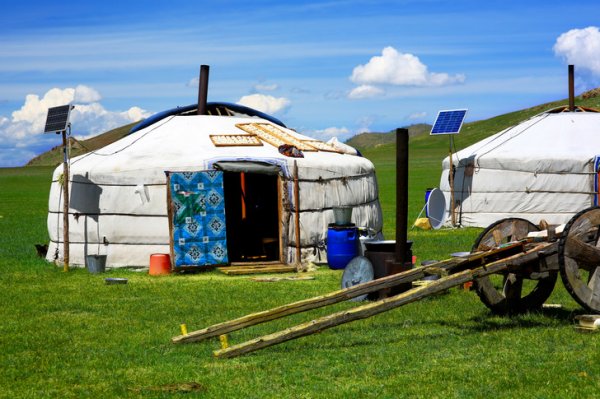 Монголы, которые ведут оседлый образ жизни, устанавливают юрты в степи и используют их в качестве дачи